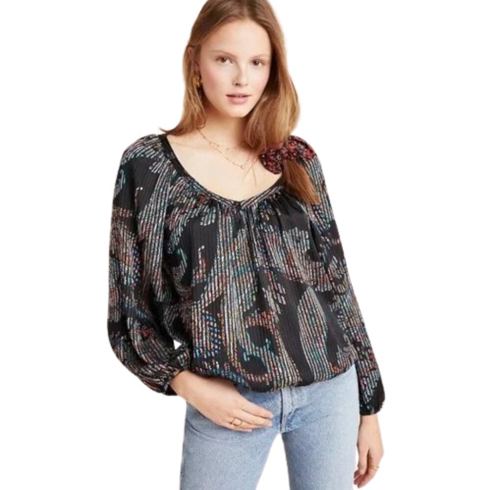 Anthropologie Black Paisley Burnout Satin V-Neck Peasant Madeira Blouse
